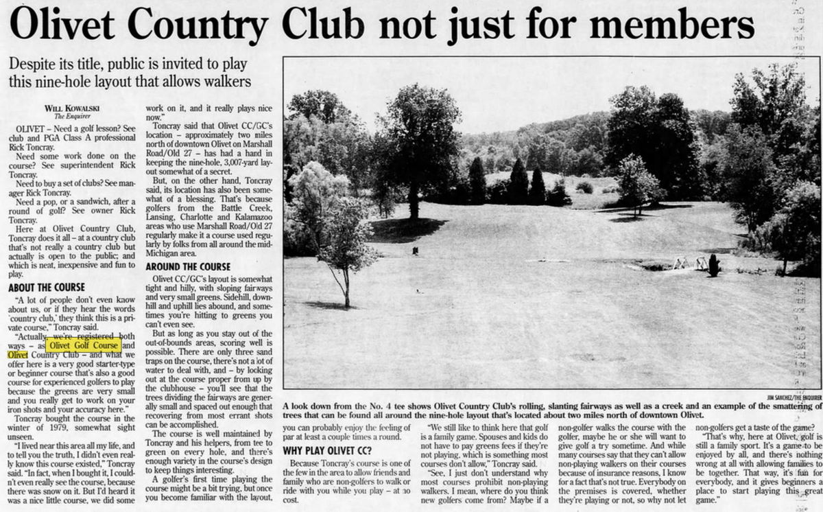 Olivet Country Club (Olivet Golf Club, Olivet Golf Course) - Jun 30 1996 Article (newer photo)